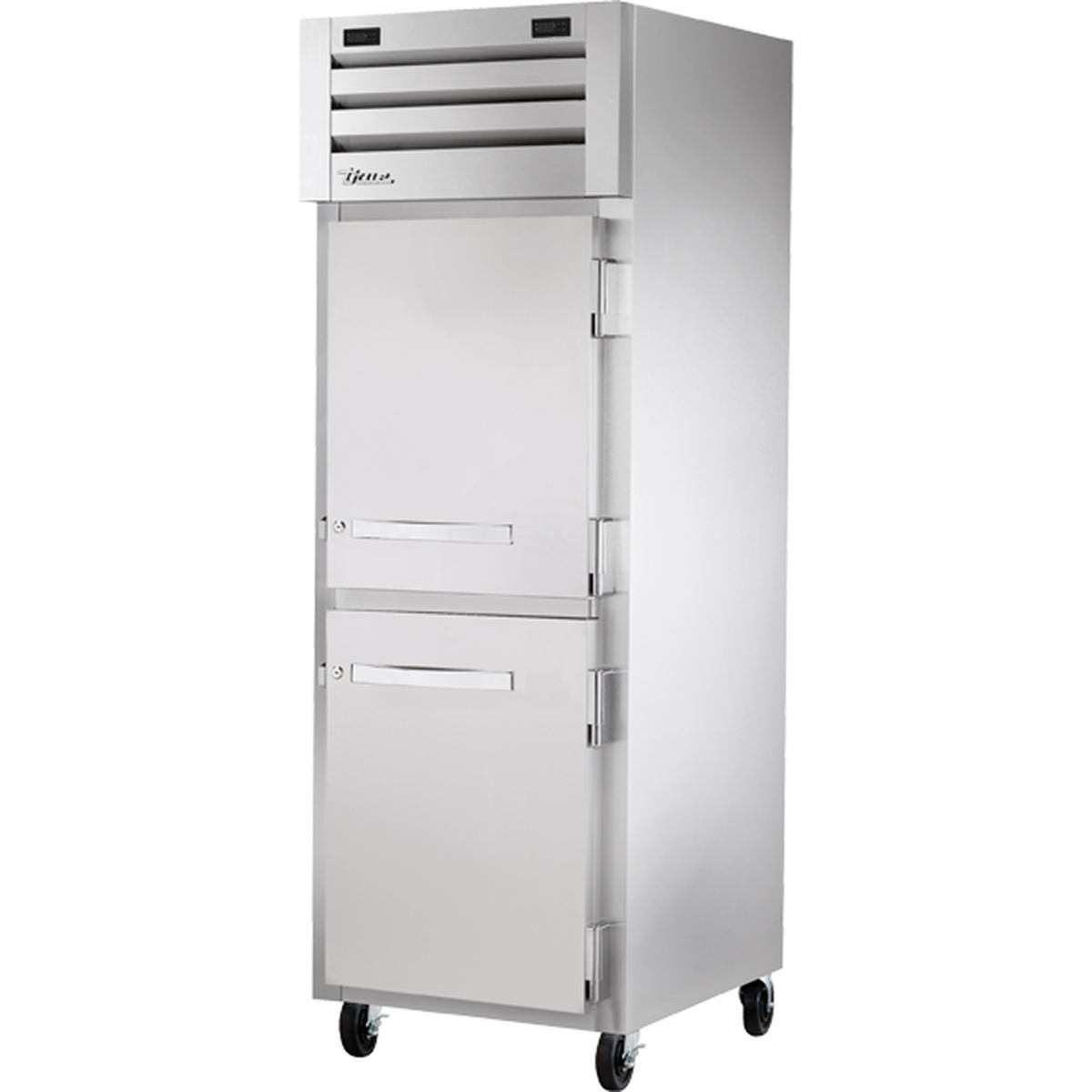 True STG1DT-2HS-HC one-section dual-temperature reach-in refrigerator/freezer with two solid half-swing stainless steel doors and casters