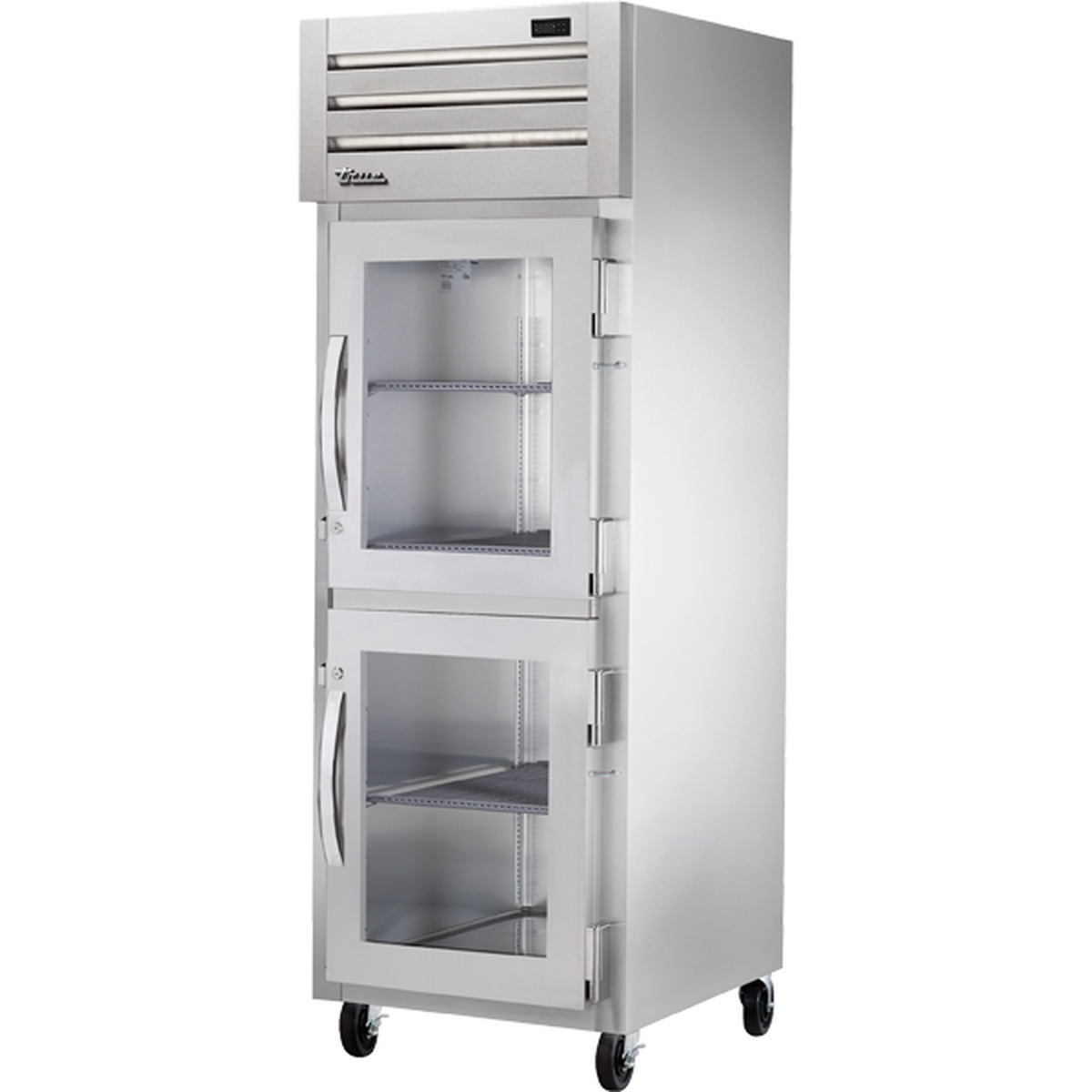 True STG1F-2HG-HC Spec Series reach-in freezer with two glass half doors open, showing interior shelving and top-mounted compressor