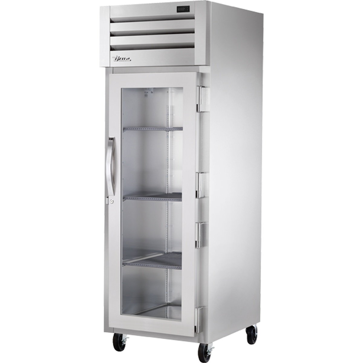True STG1R-1G-HC single-section glass door reach-in refrigerator with stainless steel exterior and three interior wire shelves on casters