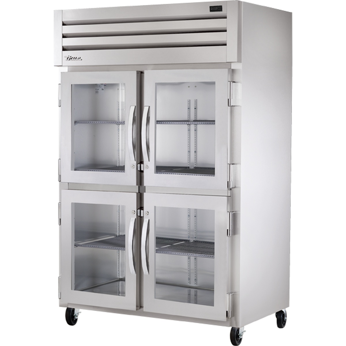 True STG2R-4HG-HC two-section reach-in refrigerator with four glass half swing doors and casters