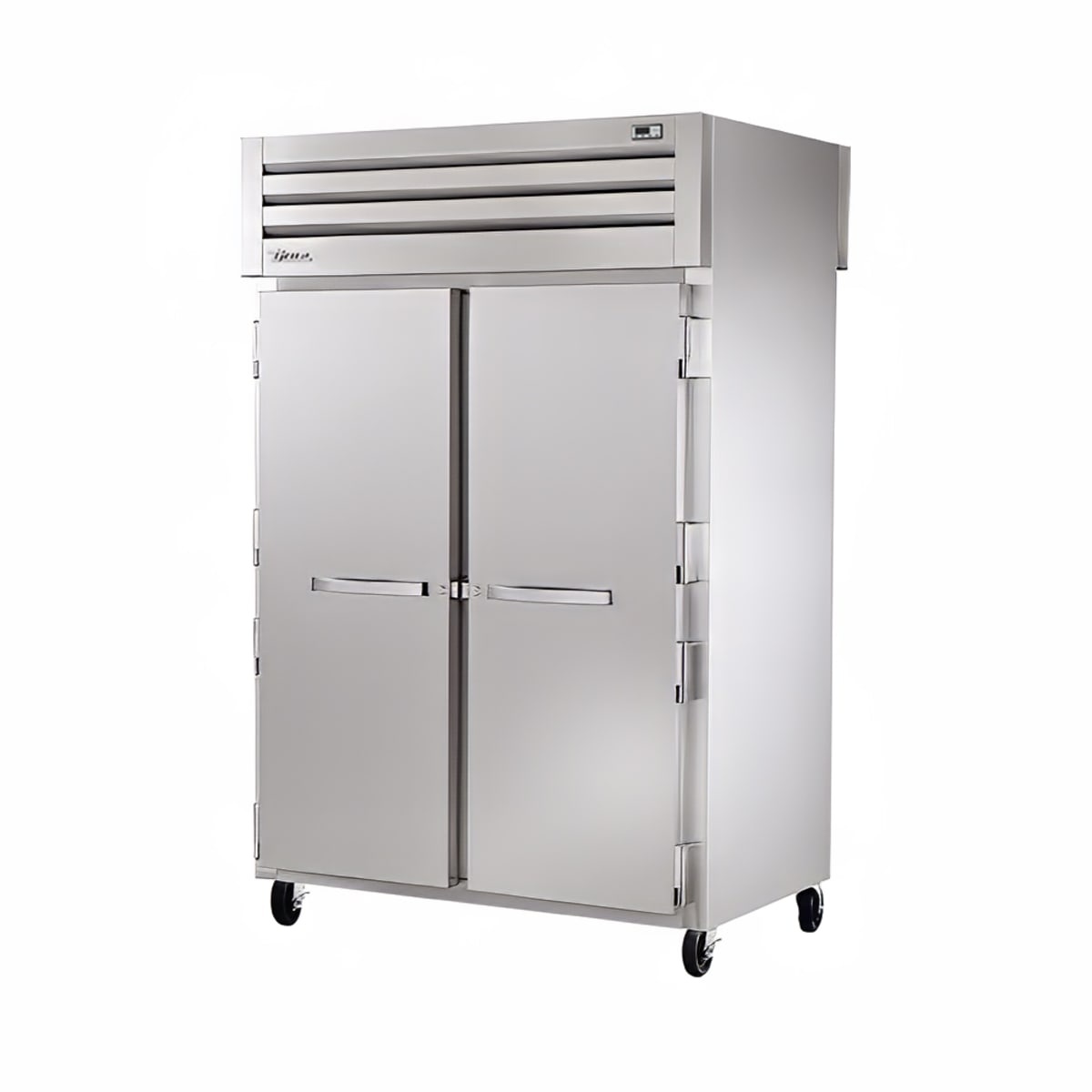 Stainless steel two-door commercial reach-in refrigerator on casters, angled front view