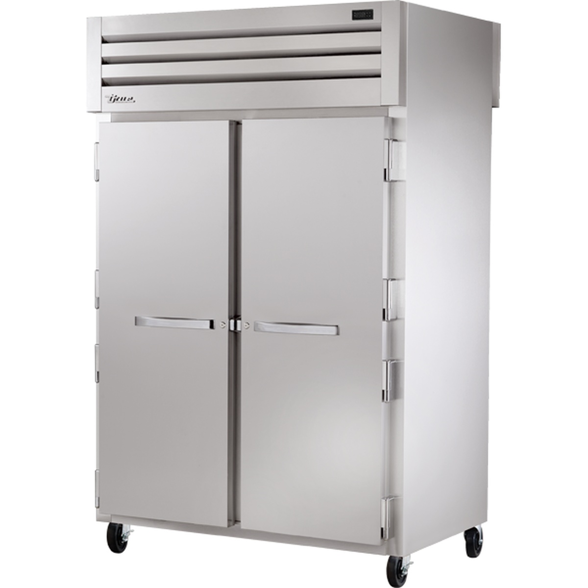 True STG2RPT-2S-2S-HC two-section solid door pass-through reach-in refrigerator on casters