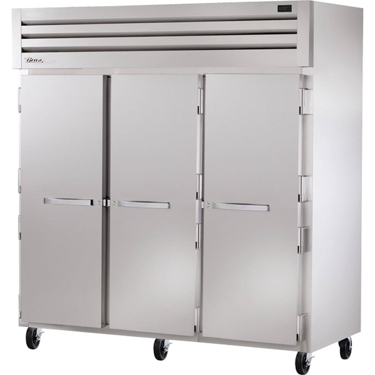 True STG3F-3S-HC three-section solid stainless steel door reach-in freezer with top-mounted compressor and casters