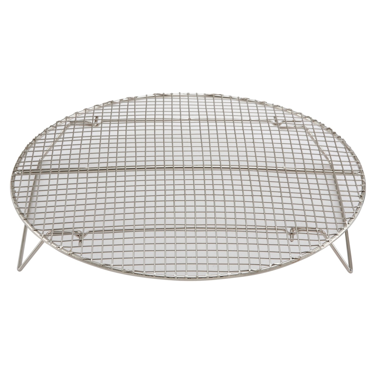 Winco STR-10 10-3/4 inch round nickel-plated wire steamer rack with built-in feet, viewed from above at an angle on a white background