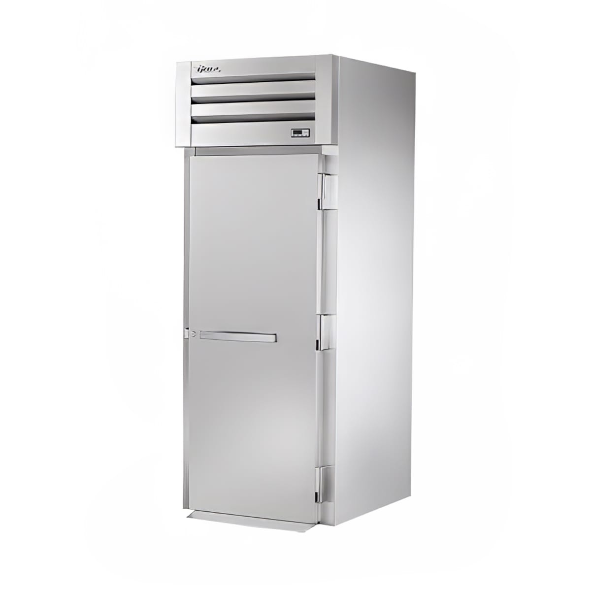 Front view of True STR1RRI-1S-HC one-section roll-in refrigerator with solid door and top-mounted refrigeration