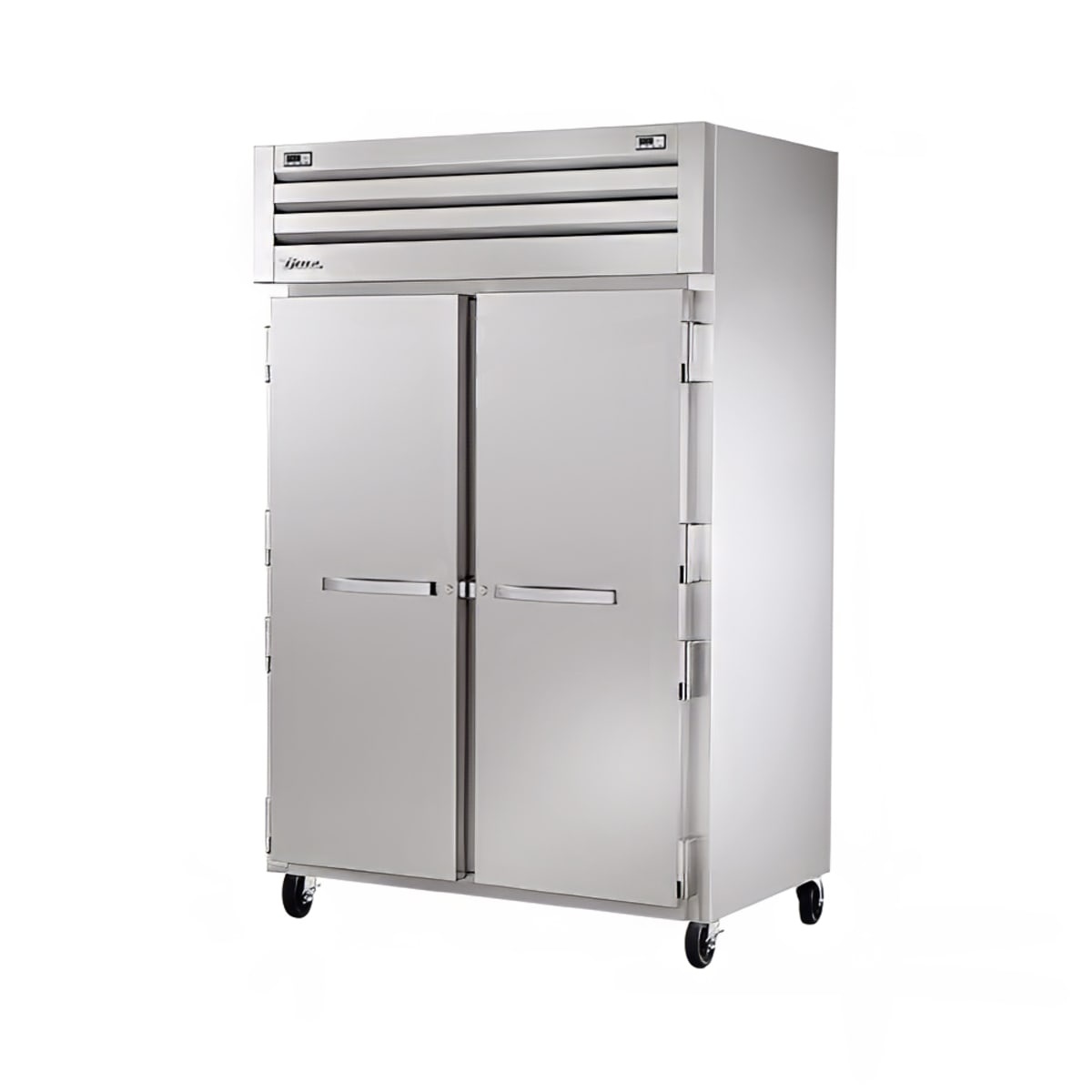True STR2DT-2S two-section stainless steel solid door reach-in refrigerator freezer on casters