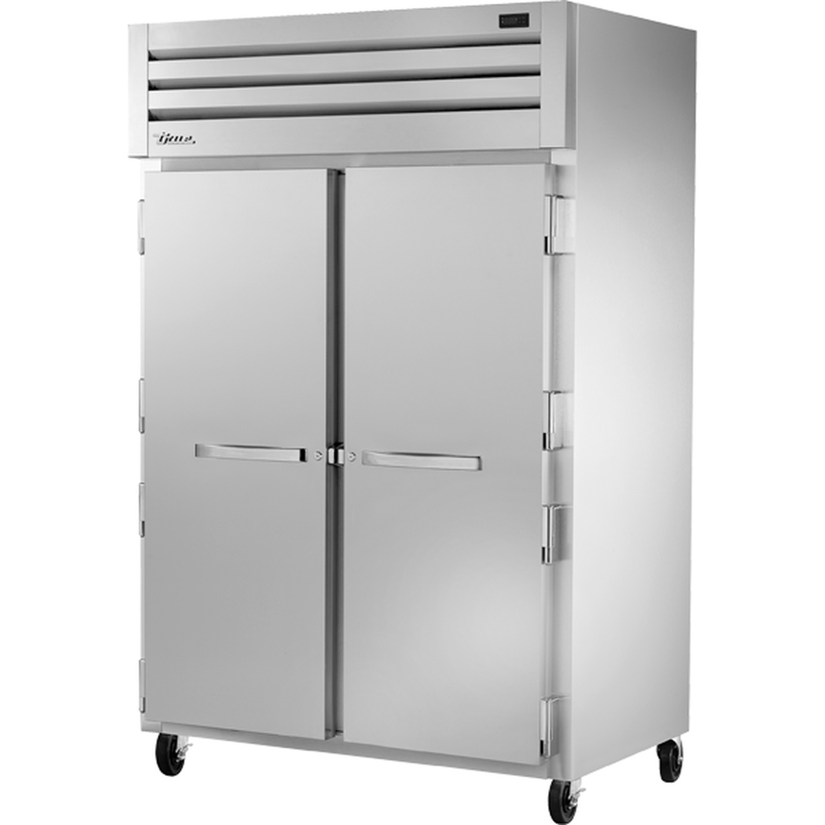True Manufacturing STR2R-2S-HC two-section stainless steel solid door reach-in refrigerator on casters
