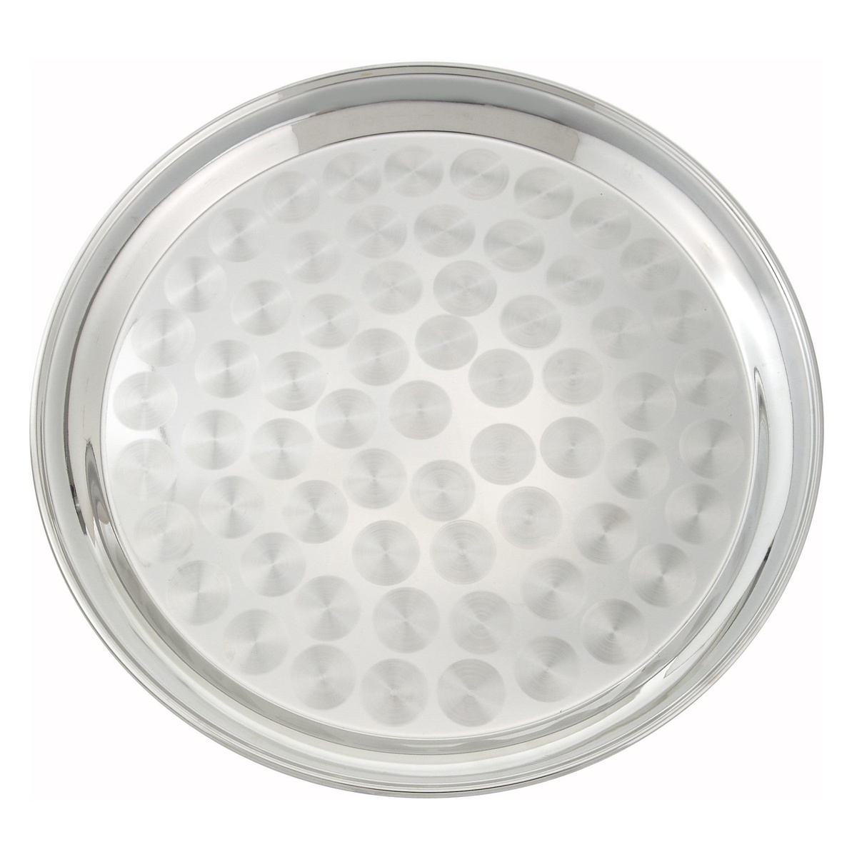 Winco STRS-16 16-inch round stainless steel serving tray with swirl pattern, top-down view on white background