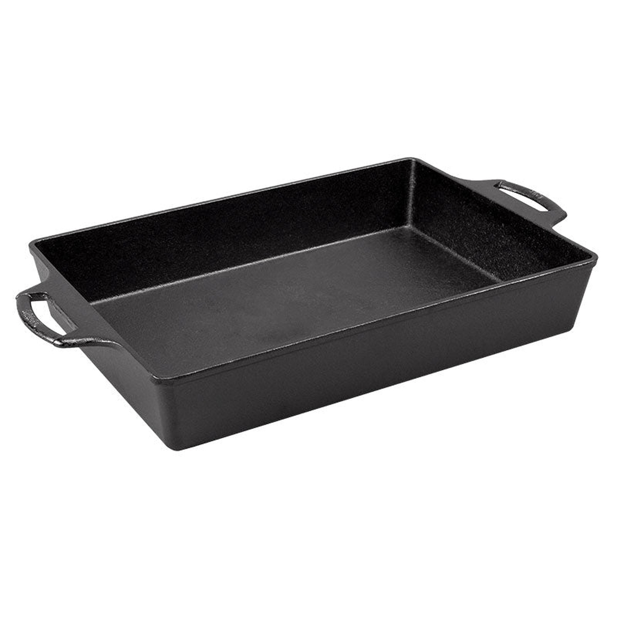 Lodge 9x13 inch seasoned cast iron casserole pan, angled view showing high sidewalls and dual handles