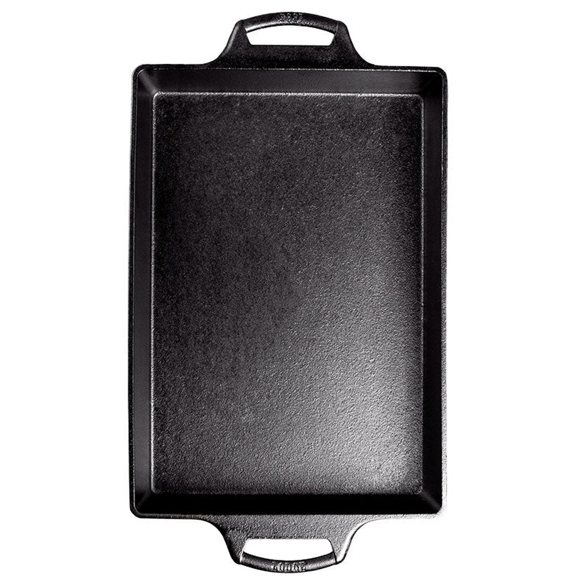 Lodge cast iron casserole pan, overhead top-down view showing naturally seasoned cooking surface and dual loop handles
