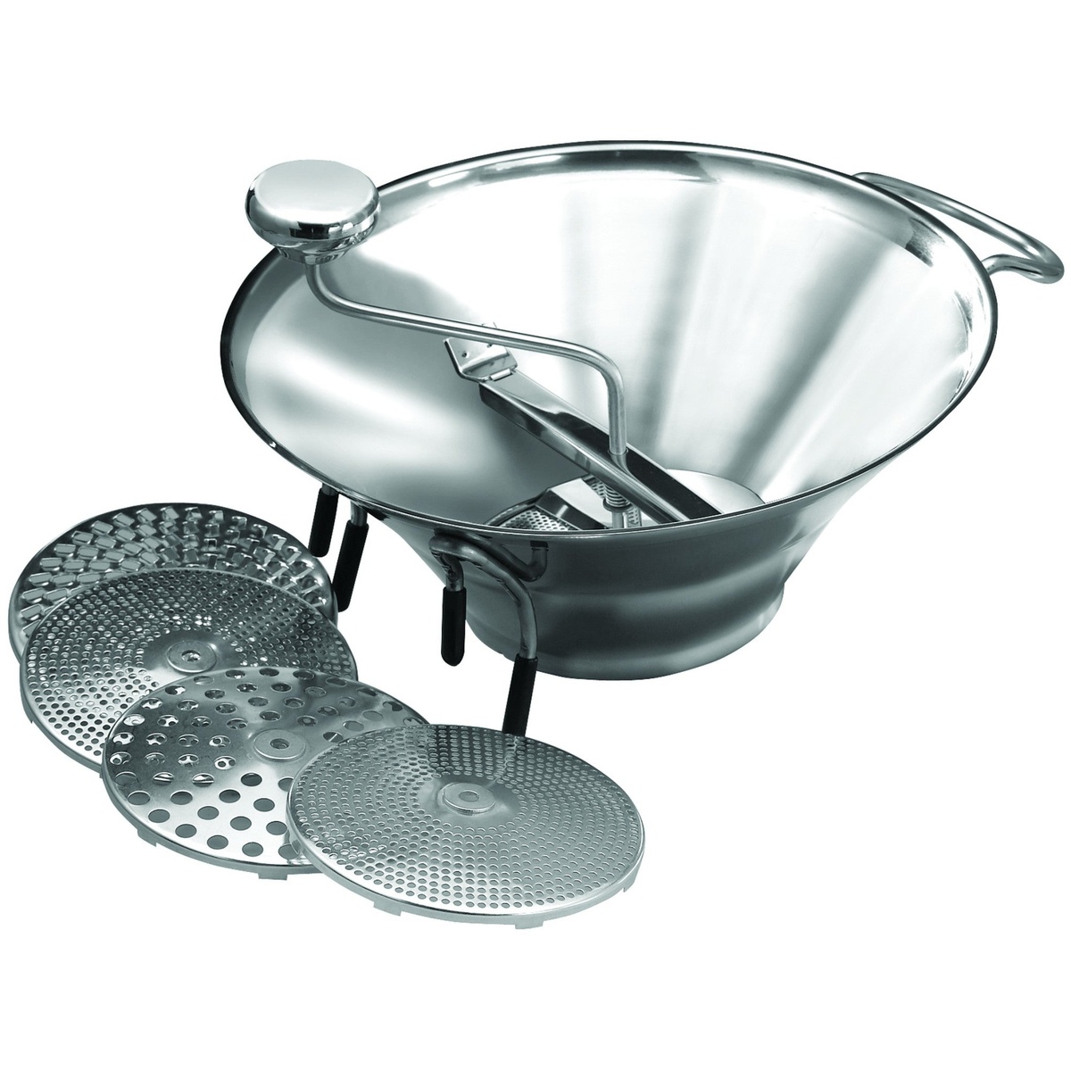 Winco SVM-12 stainless steel food mill with five interchangeable sieve plates displayed in front