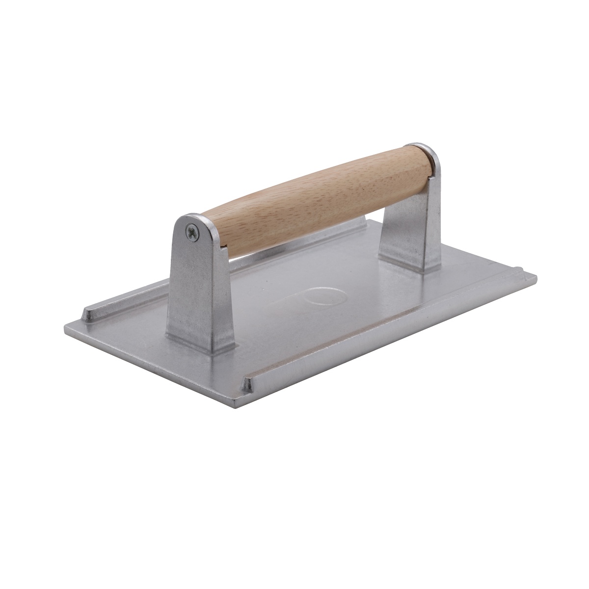 Libertyware SW84A rectangular cast aluminum steak weight with a natural wood handle