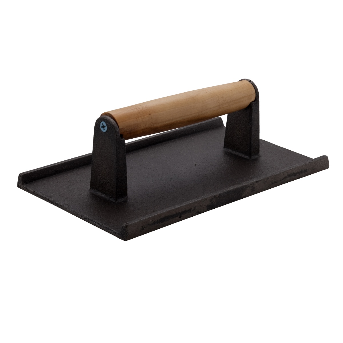 Libertyware SW95I cast iron steak weight with wood handle, rectangular shape, shown on white background