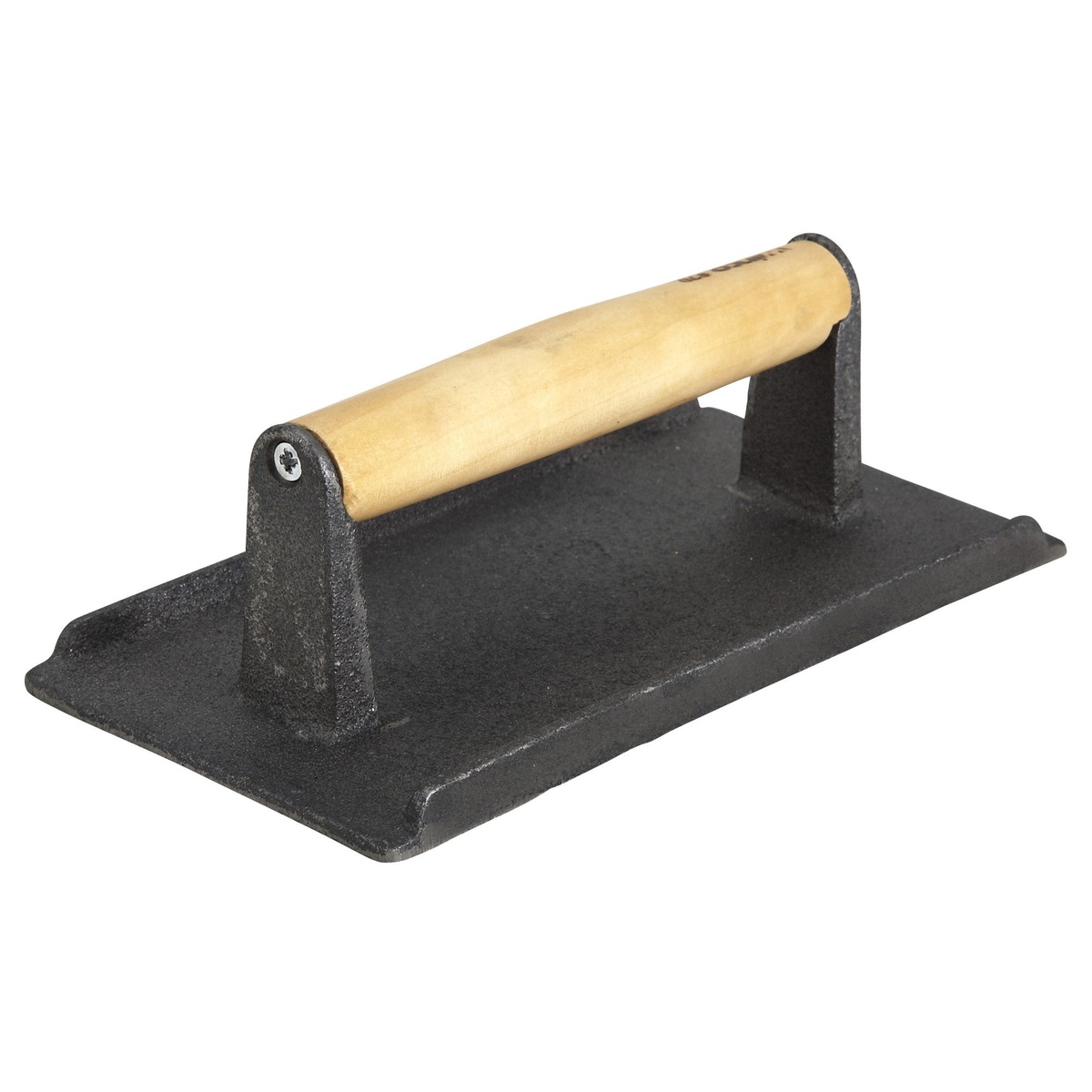 Winco SWA-9 cast iron steak weight with wood handle for even cooking