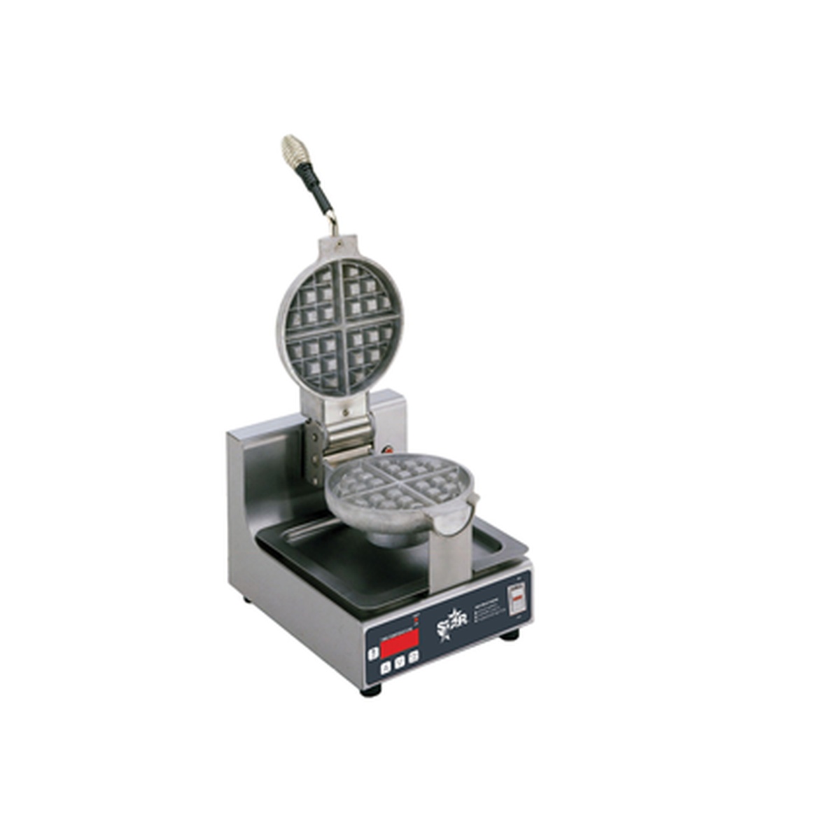 Star SWBB single round Belgian waffle baker with open cast aluminum grid plates and digital control panel