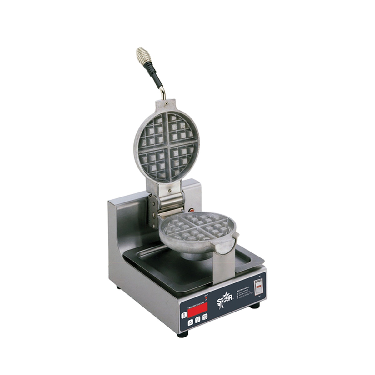 Close view of Star SWBB waffle baker showing stainless steel body, raised hinge, and round cast aluminum waffle grids