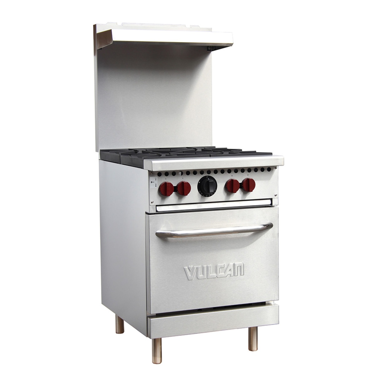 Angled view of Vulcan SX24-4BN commercial gas range showing cooktop grates, control knobs, and oven door