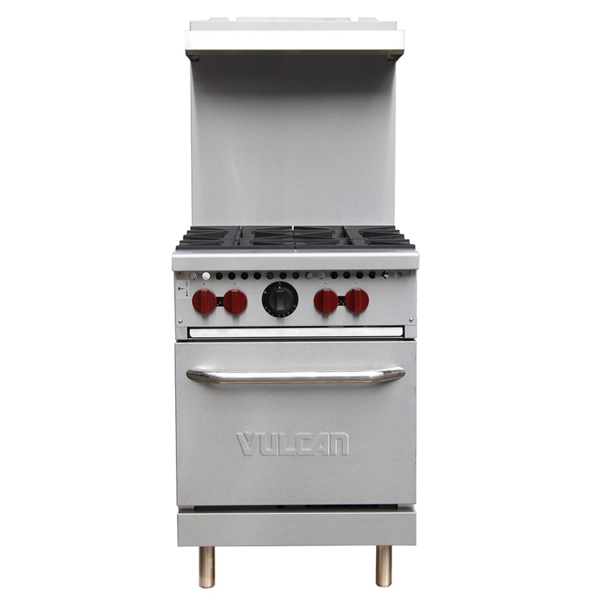 Front view of Vulcan SX24-4BP 24-inch 4-burner gas range with space saver oven and high shelf