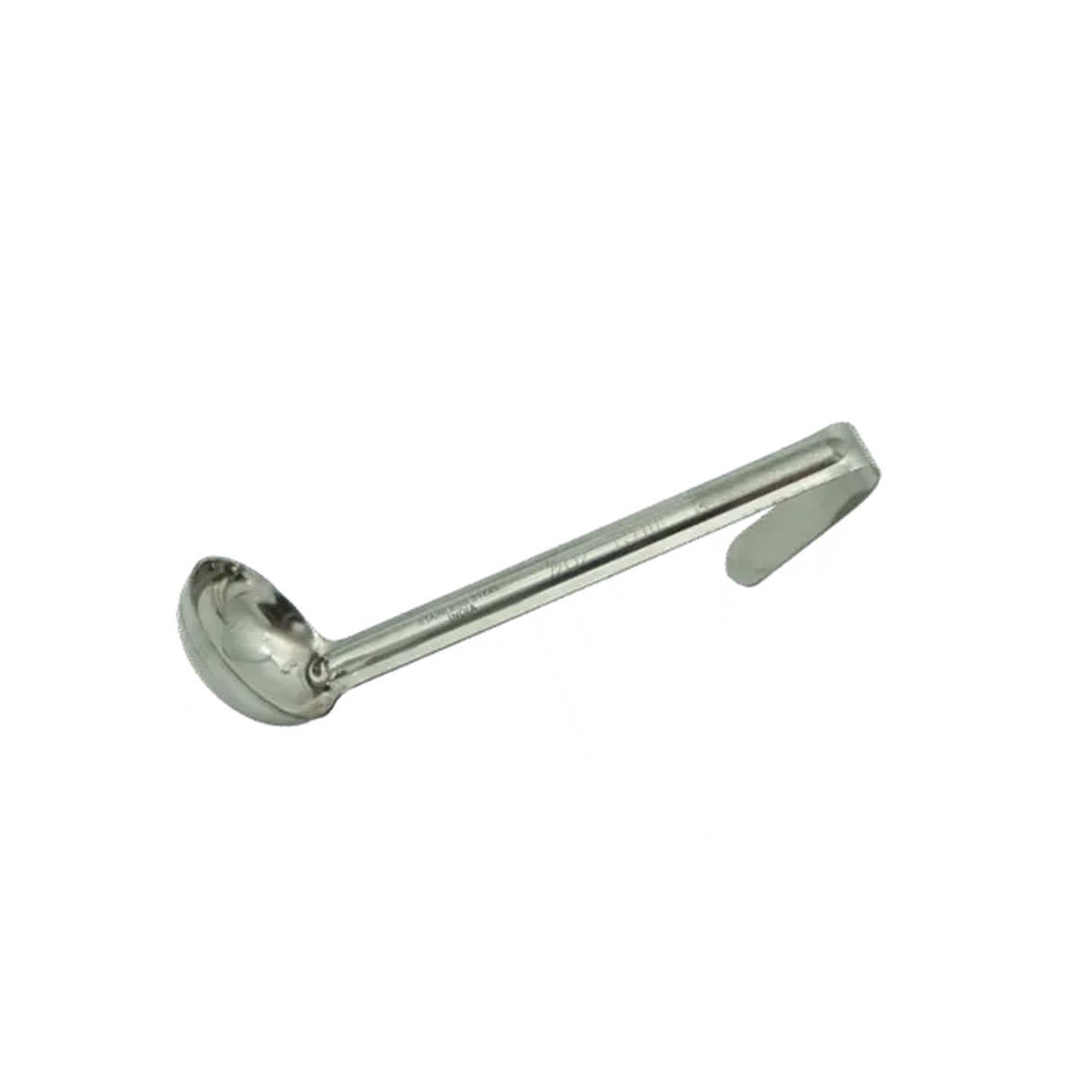 Libertyware SYRL005 stainless steel syrup ladle full side view showing bowl, handle, and hook end