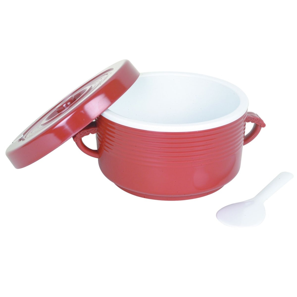Thunder Group T-111 red insulated rice container with lift-off melamine lid and white serving spoon