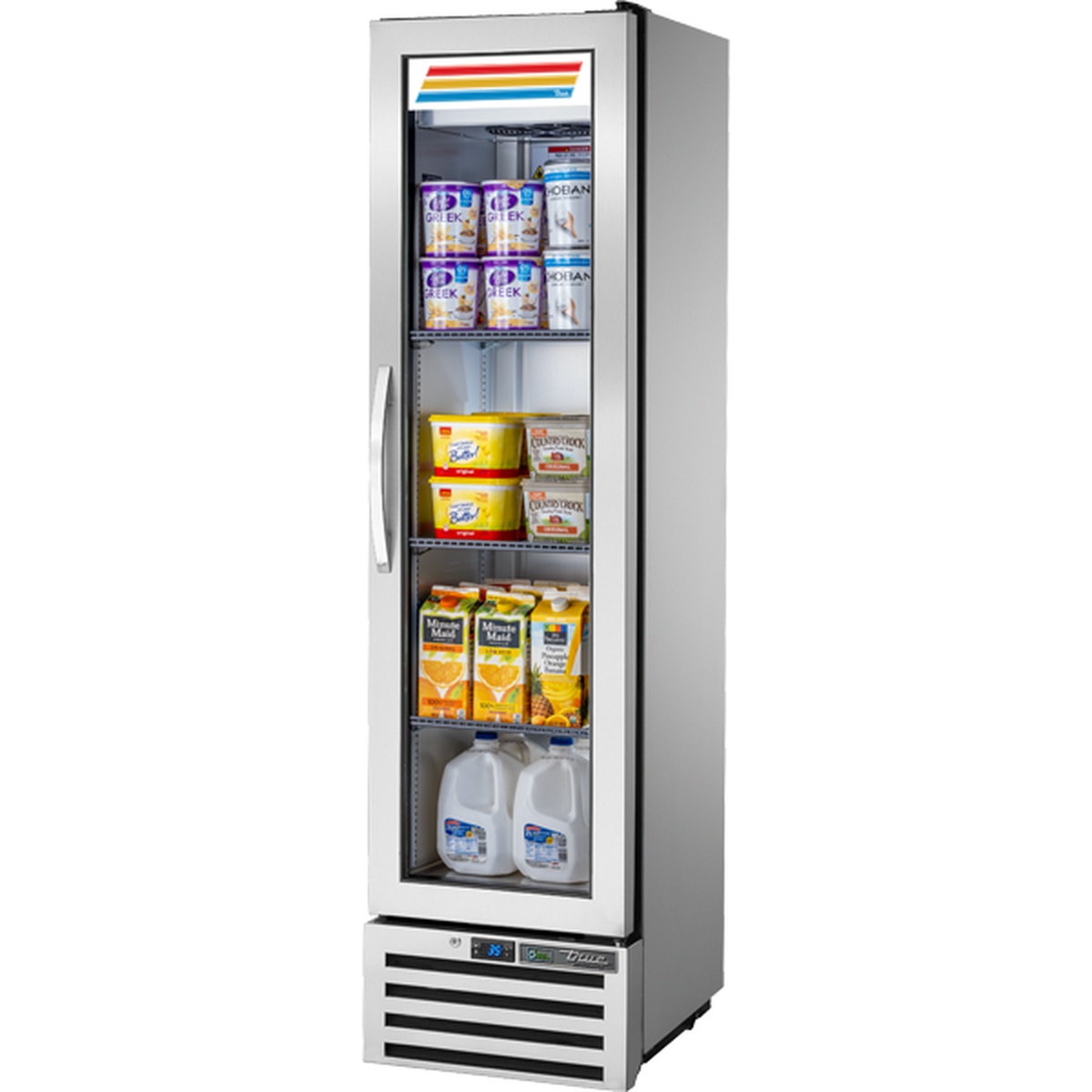 True T-11G-HC~FGD01 one-section reach-in glass door refrigerator with stainless steel front and three PVC-coated wire shelves