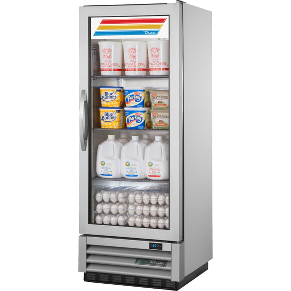 True T-12-HC one-section reach-in refrigerator with stainless steel exterior and glass door displaying dairy products on three wire shelves