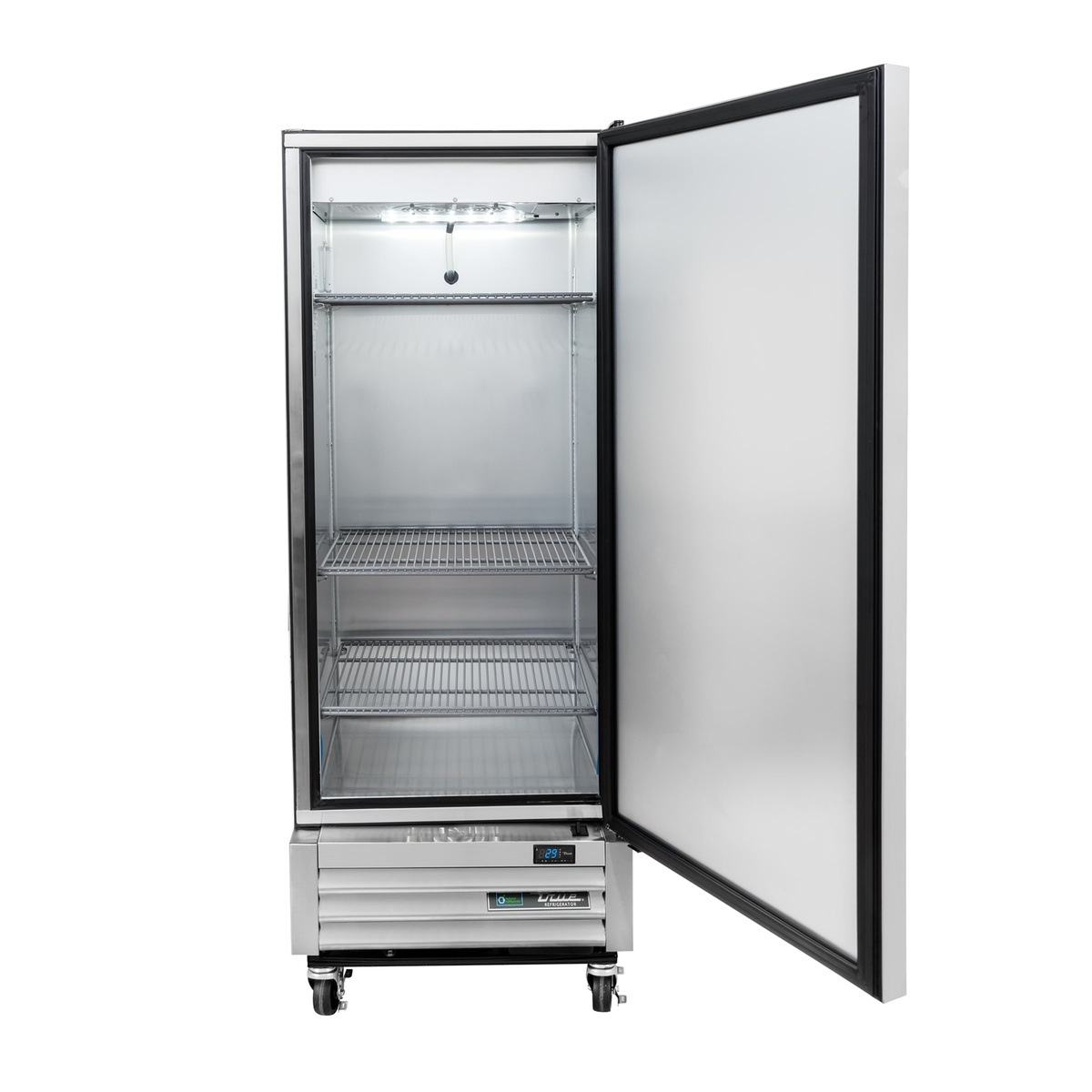 True T-12-HC refrigerator with door open, showing full-height solid door and cabinet opening