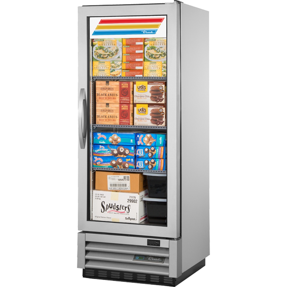 True T-12FG-HC~FGD01 one-section reach-in glass door freezer with stainless steel exterior and three shelves stocked with frozen food products