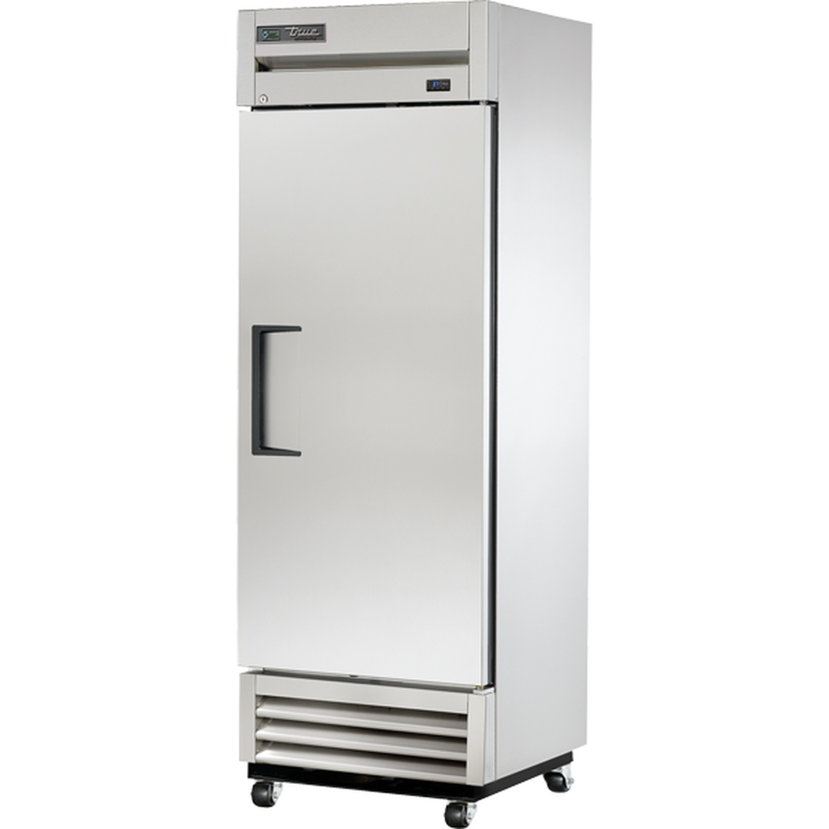 True T-19-HC 27-inch single solid door reach-in refrigerator with stainless steel exterior and bottom-mounted compressor on casters