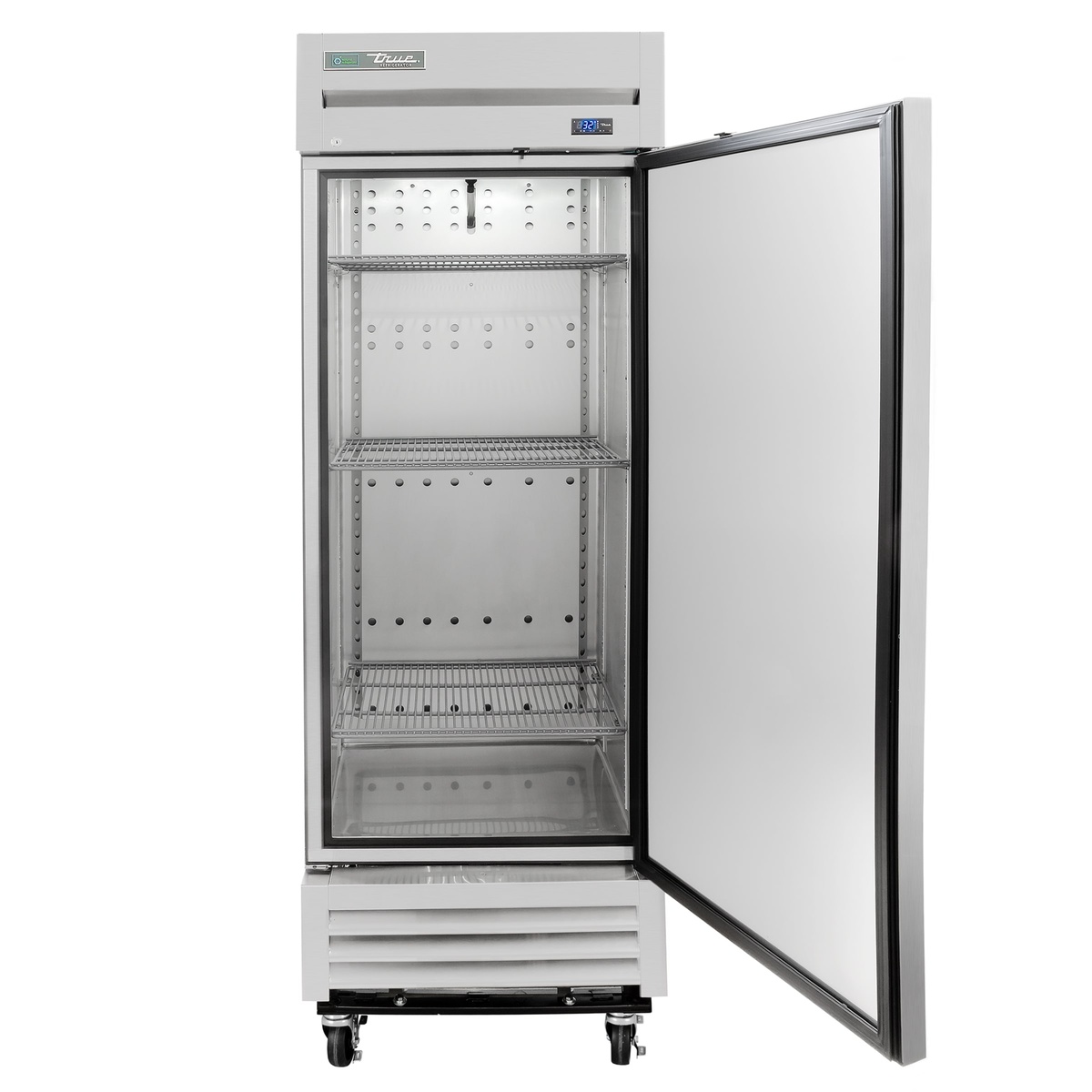 True T-19-HC refrigerator interior with three wire shelves and open solid door