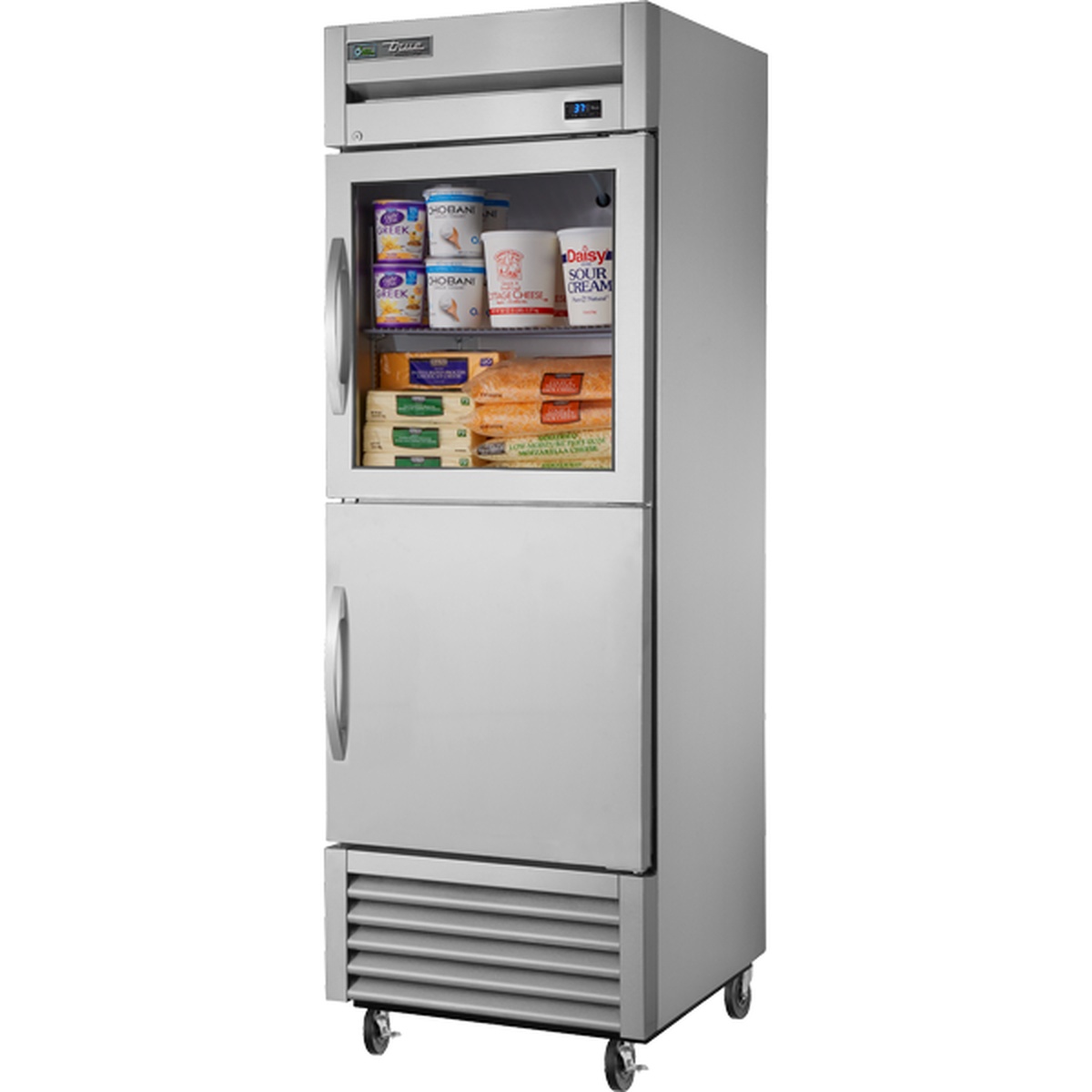 True T-23-1-G-1-HC~FGD01 one-section reach-in refrigerator with upper framed glass half door and lower stainless steel half door on casters