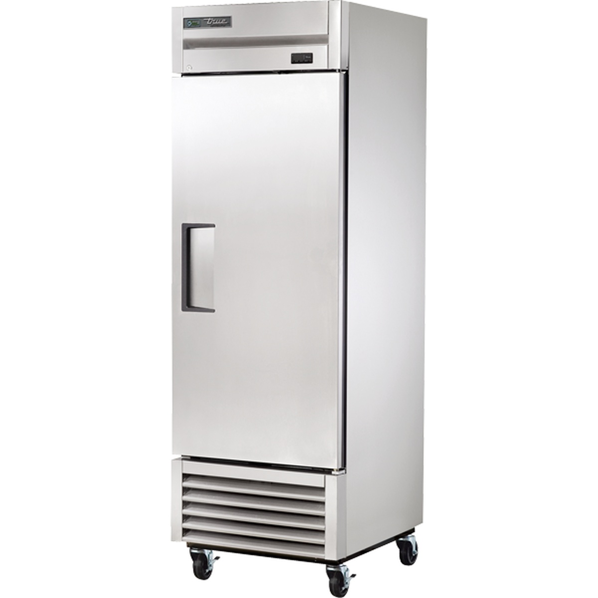 True T-23-HC LH single-section reach-in refrigerator with stainless steel solid door and bottom-mounted compressor on casters