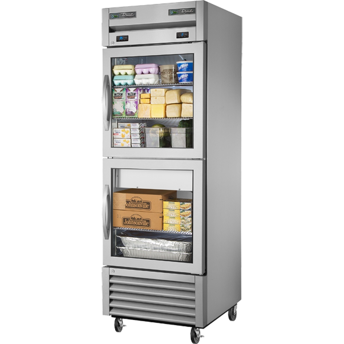 True T-23DT-G-HC~FGD01 one-section dual temperature reach-in refrigerator/freezer with two framed glass half doors and casters