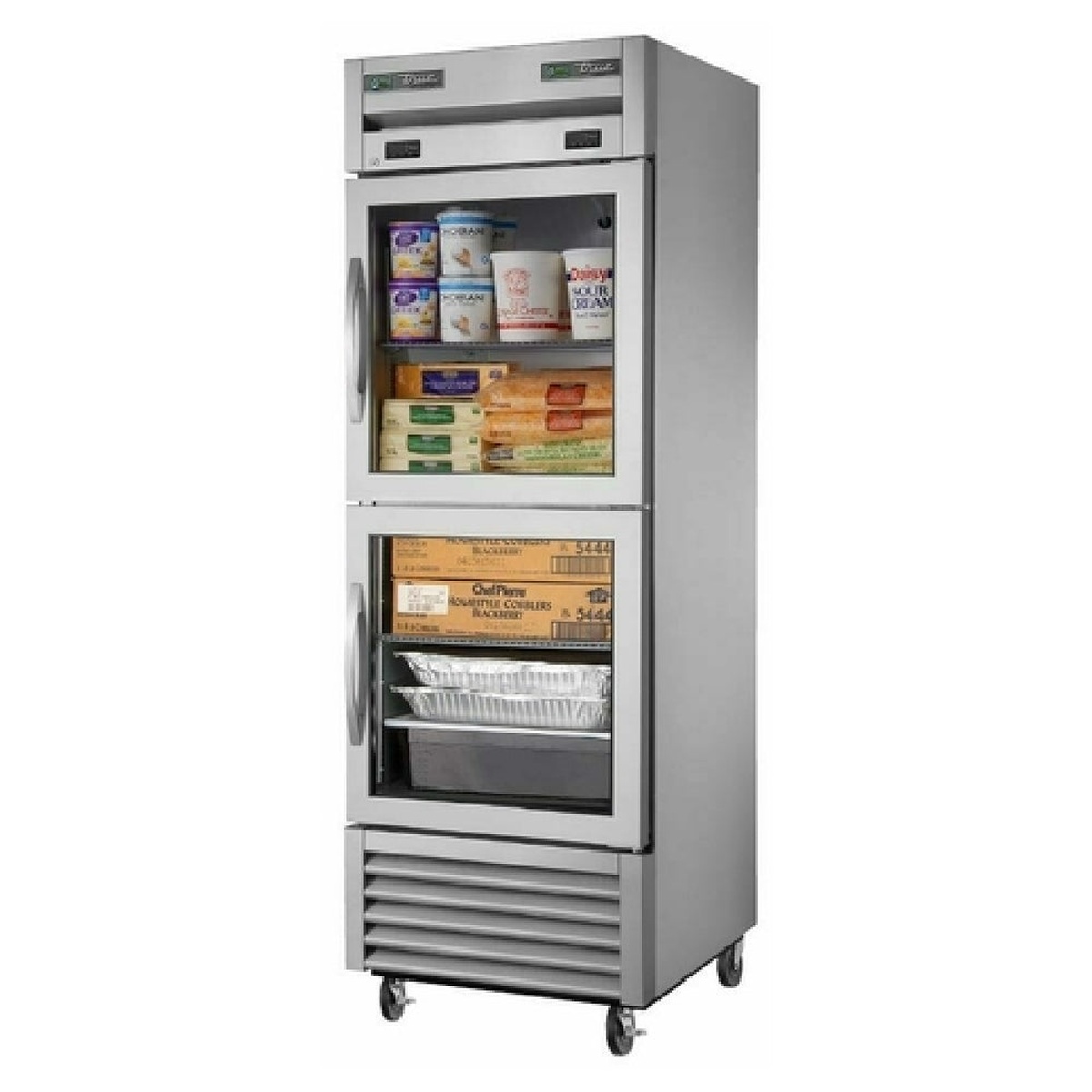 Front view of True dual temperature reach-in unit showing two stacked glass half doors and bottom-mounted grille