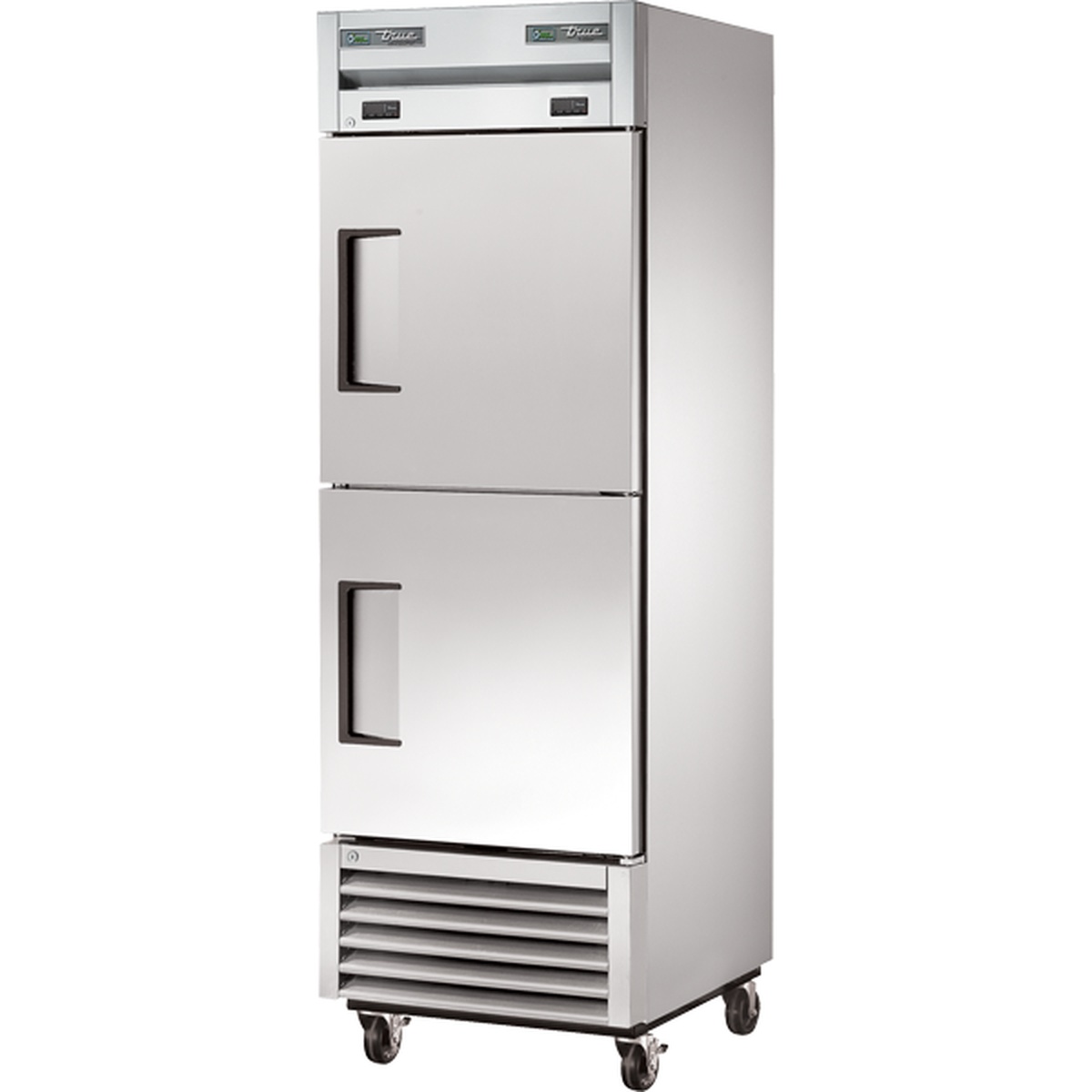 True Manufacturing T-23DT-HC dual temperature reach-in refrigerator/freezer with two stainless steel half doors and bottom-mounted compressor on casters