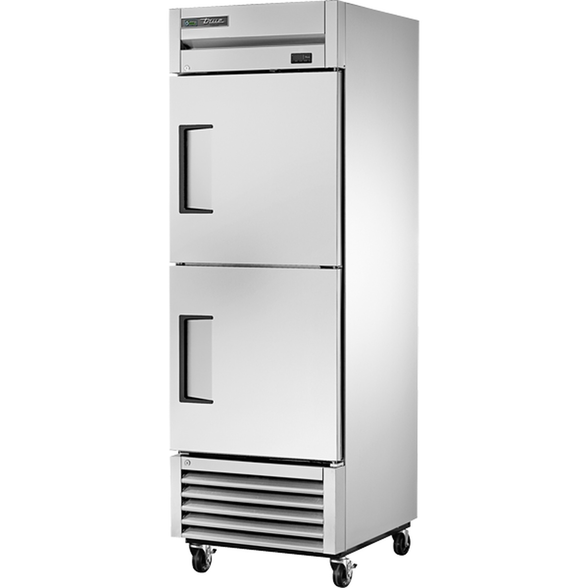True T-23F-2-HC one-section reach-in freezer with two stainless steel half doors and bottom-mounted compressor on casters