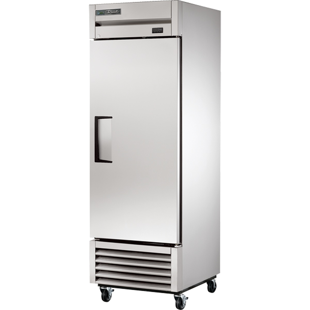 True T-23F-HC one-section reach-in solid door freezer with stainless steel exterior and bottom-mounted refrigeration unit on casters