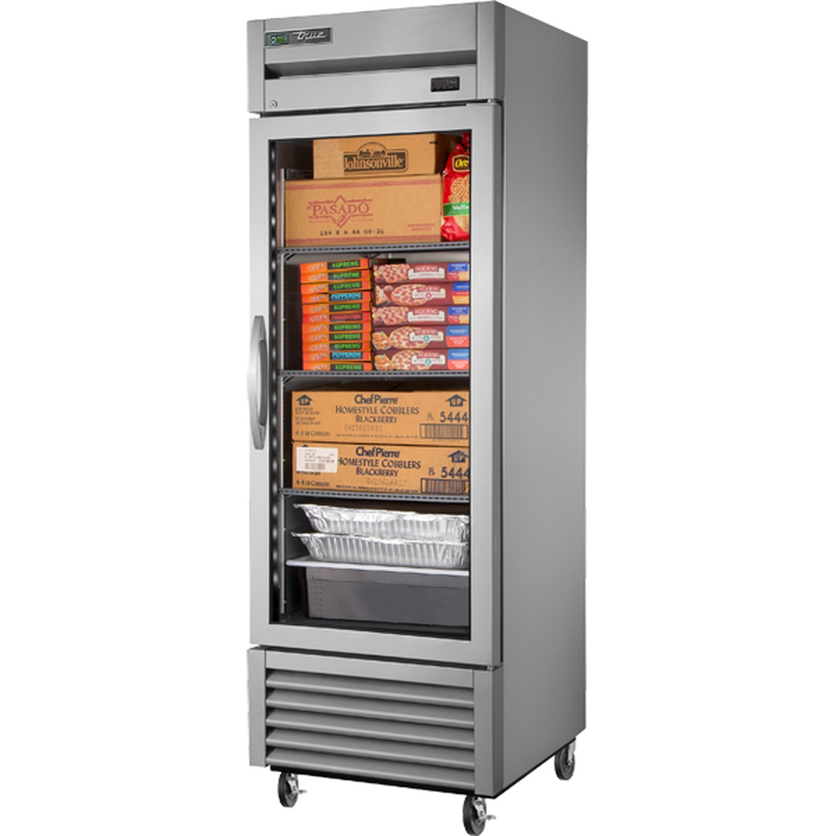 True T-23FG-HC~FGD01 one-section reach-in freezer with framed glass door open, showing three loaded wire shelves and bottom-mount compressor on casters