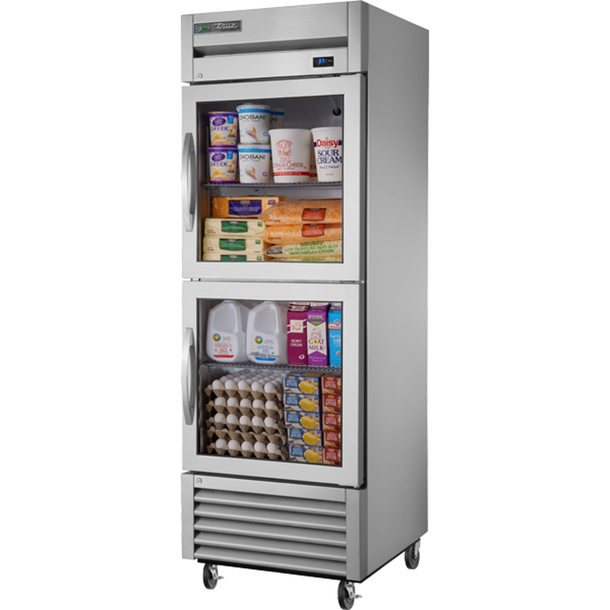 True T-23G-2-HC~FGD01 one-section reach-in refrigerator with two glass half doors stocked with dairy products on casters