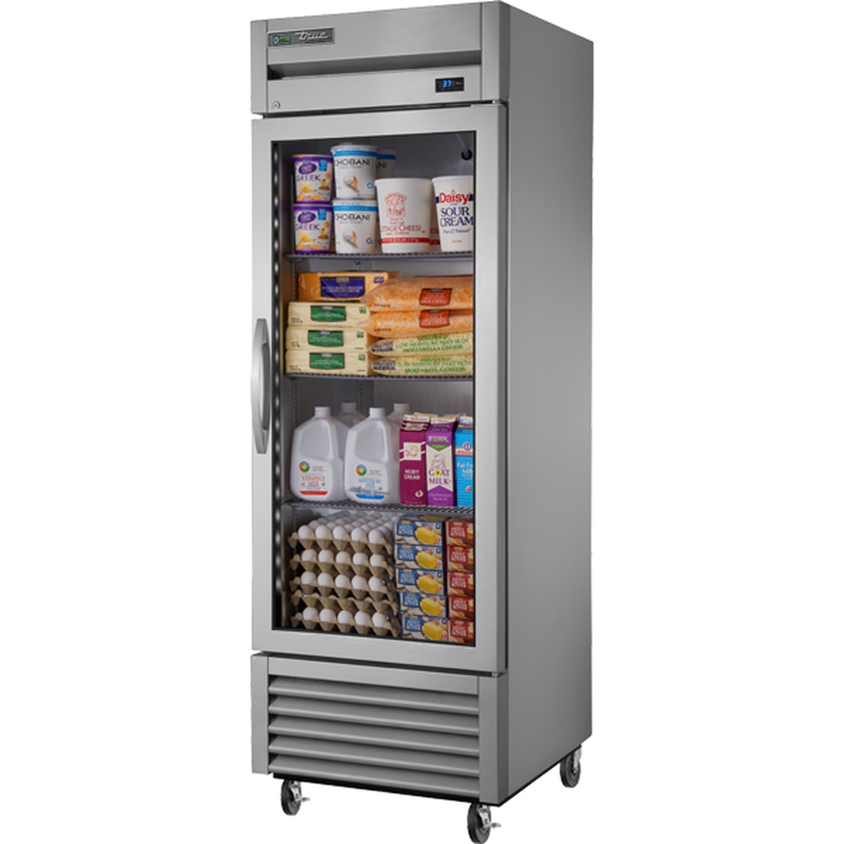 True T-23G-HC~FGD01 27-inch one-section reach-in refrigerator with framed glass door stocked with dairy and food products on three wire shelves