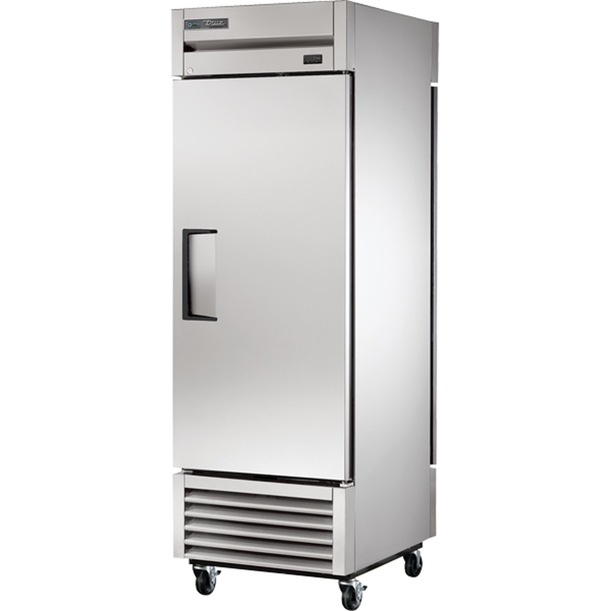 True T-23PT-HC stainless steel pass-thru solid door refrigerator with bottom-mounted condensing unit and 4-inch casters