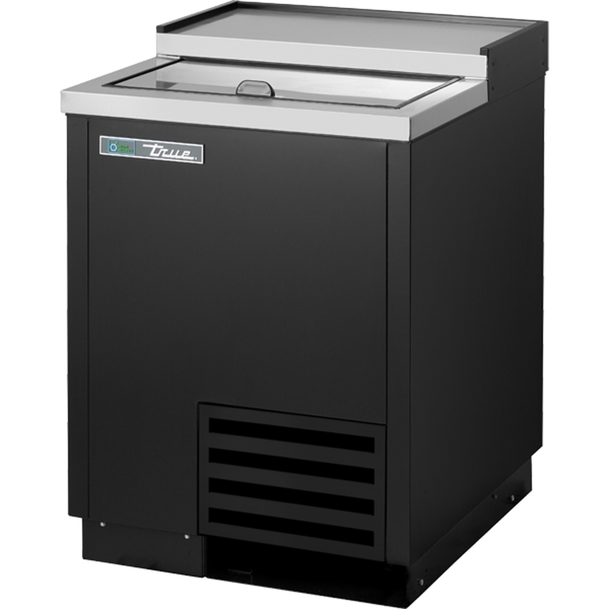 True T-24-GC-HC glass and plate chiller with black powder-coated exterior and stainless steel slide lid