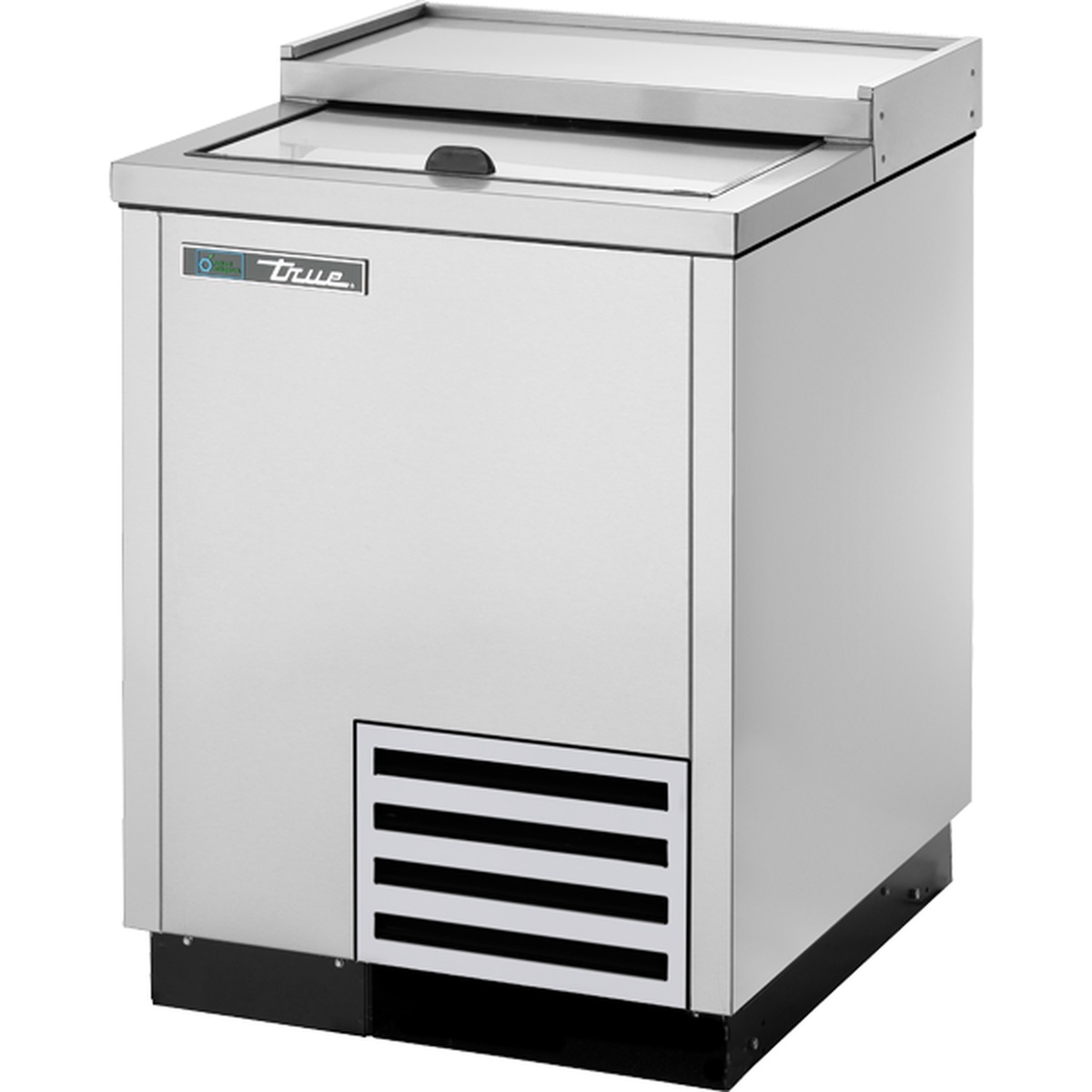True T-24-GC-S-HC stainless steel glass and plate chiller with solid slide lid, front-angle view