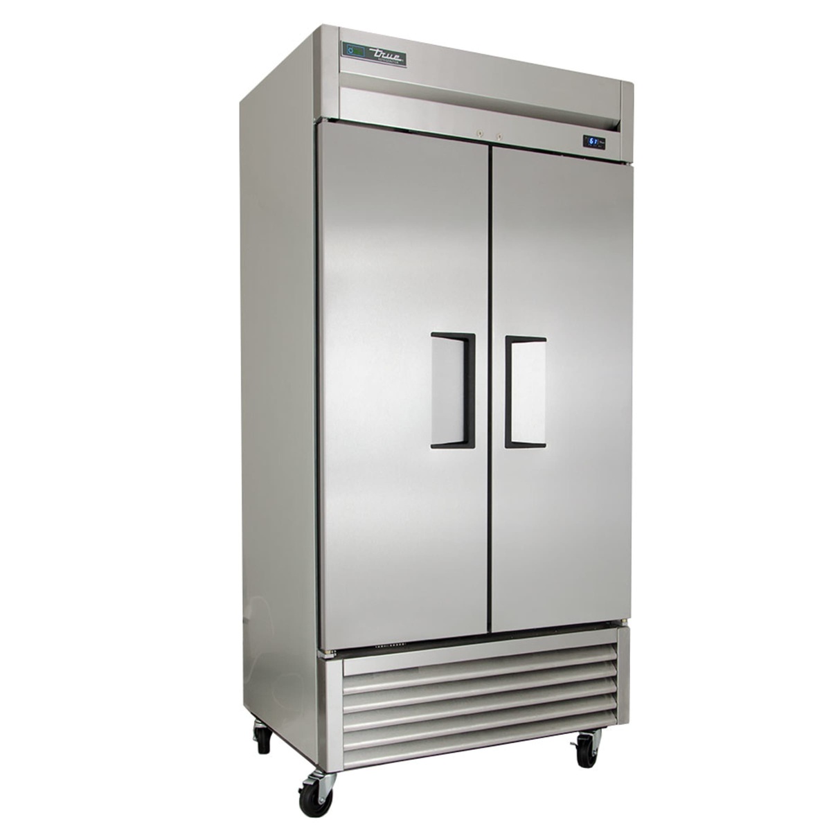 Angled view of True T-35-HC reach-in refrigerator showing solid doors and bottom front grille