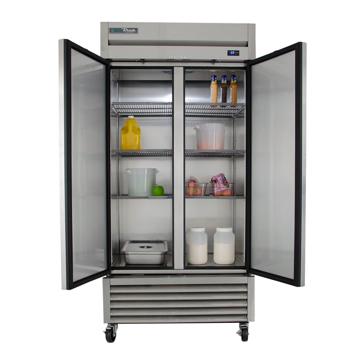 True T-35-HC reach-in refrigerator with both doors open showing interior shelving
