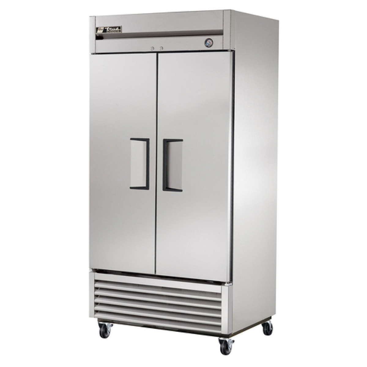 True T-35-HC two-door reach-in refrigerator, stainless front, bottom-mounted grille, on casters