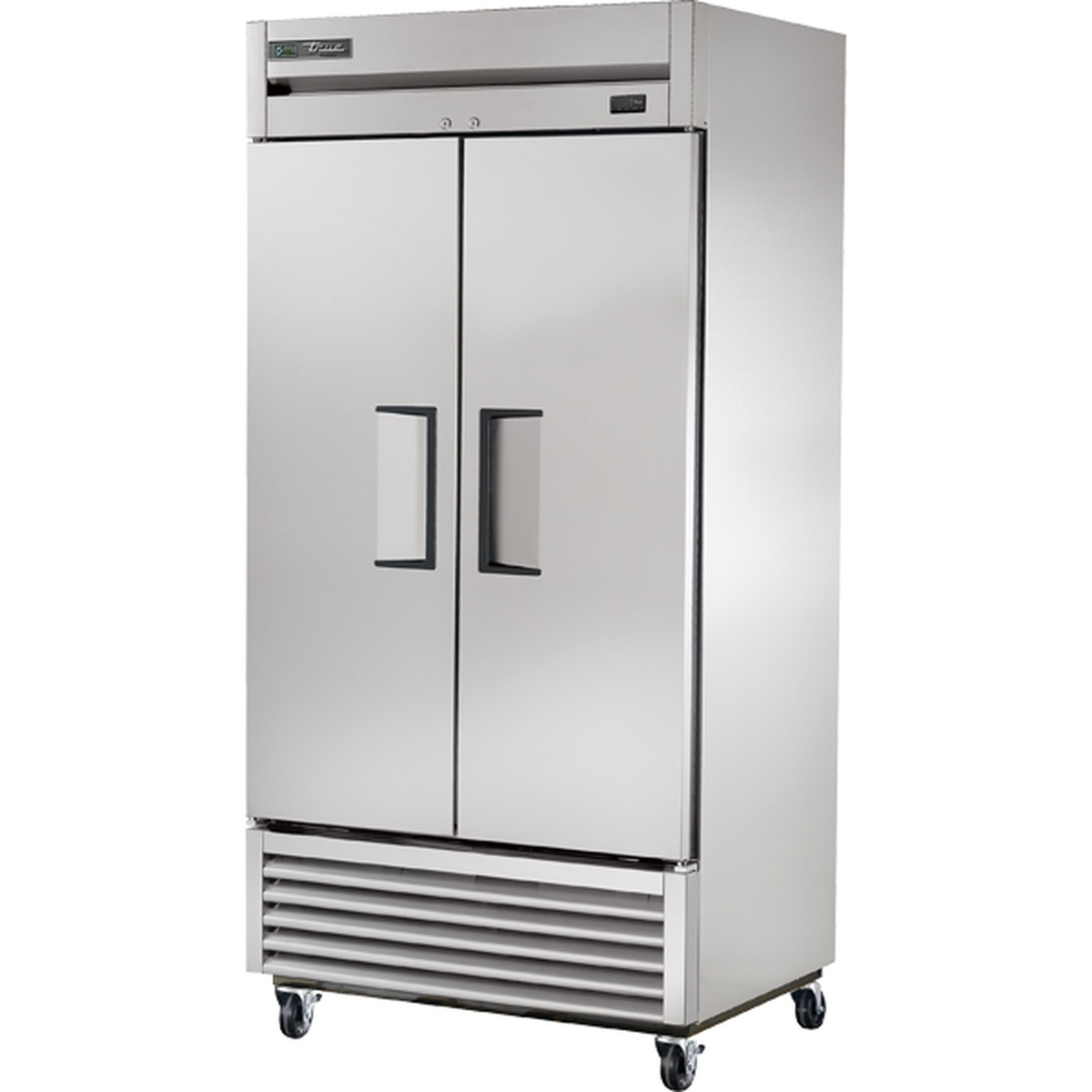 True T-35F-HC 2-section solid door reach-in freezer with stainless steel front and bottom-mounted compressor on casters