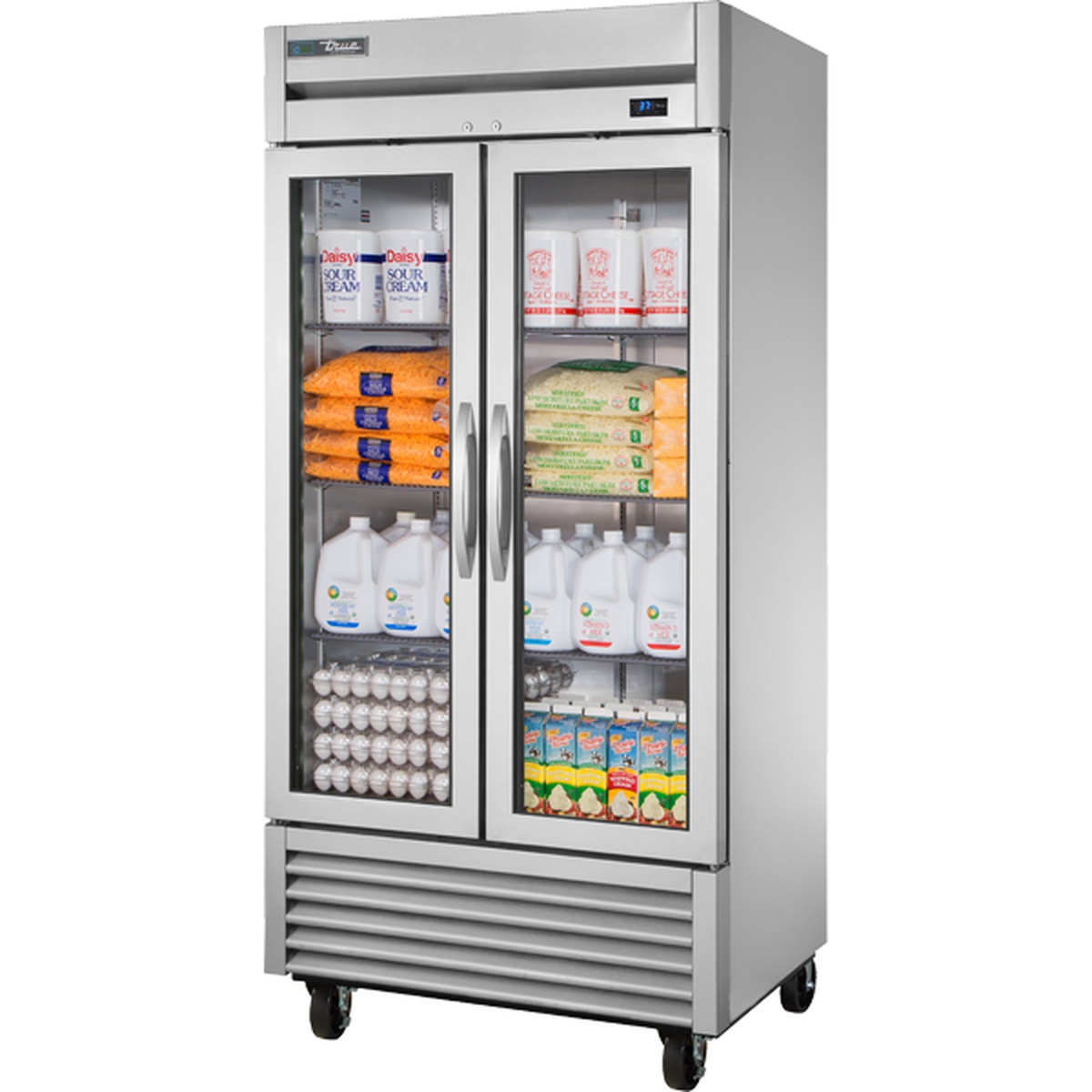 True T-35G-HC~FGD01 two-section reach-in refrigerator with framed glass doors and six loaded wire shelves on casters