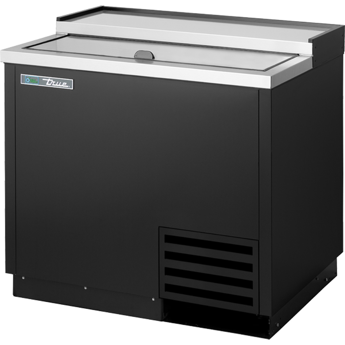 True T-36-GC-HC black glass and plate chiller with stainless steel sliding lid, front-facing view