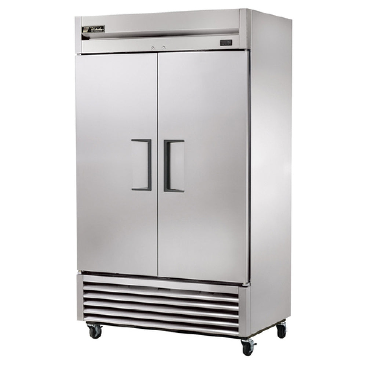 Angle view of True T-43-HC solid door reach-in refrigerator on casters